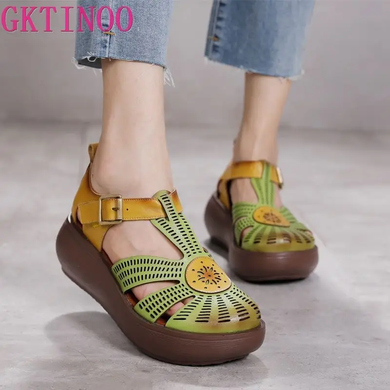 

GKTINOO Genuine Leather Shoes Women Sandals Mixed Colors Retro Buckle Strap 2023 New Wedges Handmade Concise Platform Sandals