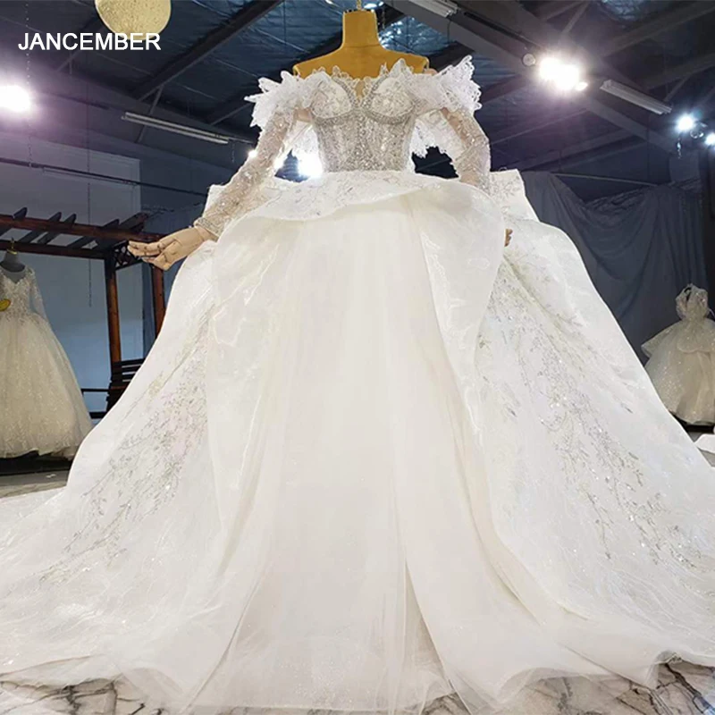 

HTL2084 Long Sleeve Sexy V-Neck Ball-Gown Beaded Crystal Luxury Sequined Wedding Dress 2021 Lace Up Back