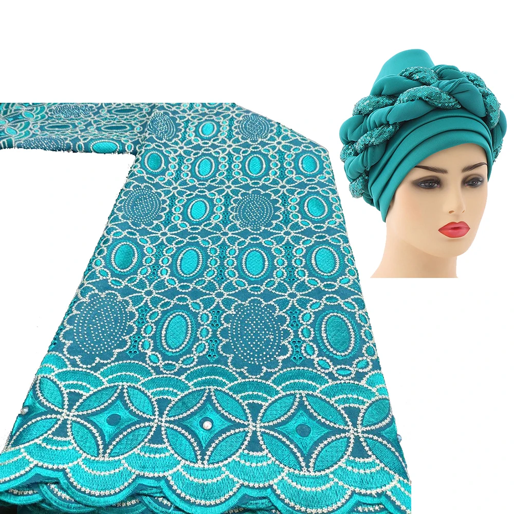 

Sinya 2022 African Cotton Swiss Voile Lace Fabric And Muslim Turban Headtie Scarf For Wedding Party Women Dress