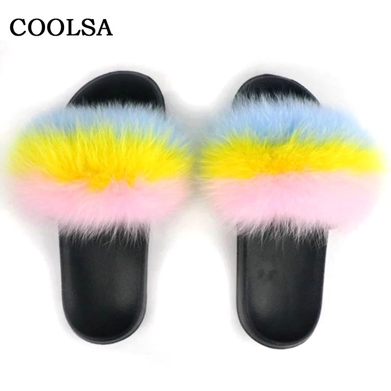 mixed color A Coolsa/летние женские шлепанцы из лисьего меха; шлепанцы без задника с натуральным мехом; женские домашние Вьетнамки; повседневные сандалии с мехом; модная пушистая плюшевая обувь - Цвет: mixed color A