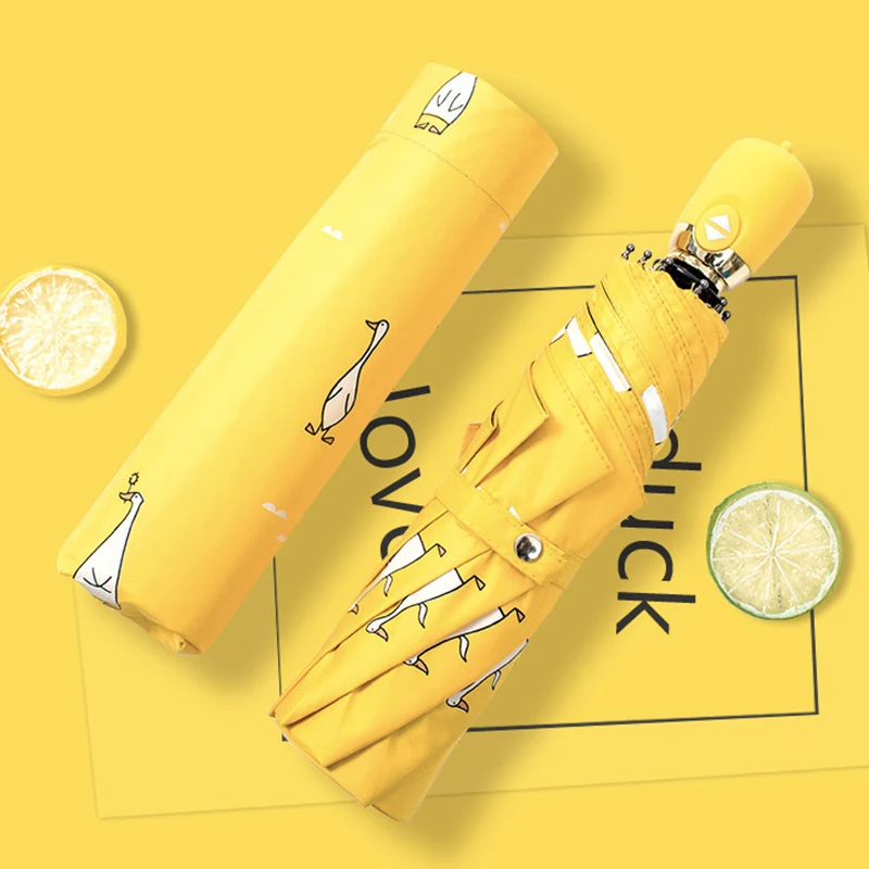 

New Cartoon Duck Design Automatic Umbrella Yellow Windproof UV Protect Umbrella For Women Girl Sunny And Rainy Folding Umbrellas