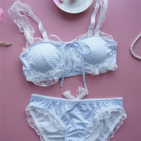 blue pink lolita lounge underwear suite japanese sexy kawaii bra and panty set for women girls brallette plaid bra brief sets