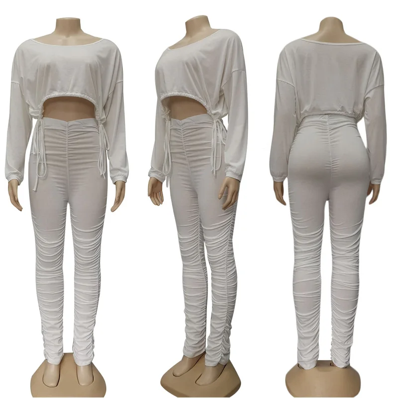 

Fashion Streetwear Solid Stacked Sweatsuit Women's Set Crop Top Ruched Pants Set Active Tracksuit Two Piece Fitness Outfit Set