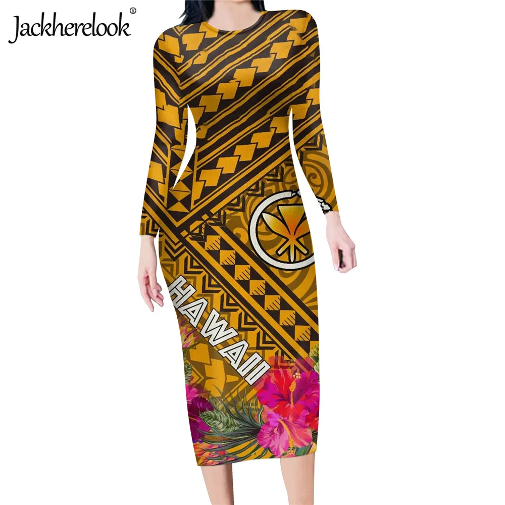 

Jackherelook Kanaka Maoli Samoa Hawaiian Hibiscus Print Vintage Elegant Bodycon Pencil Dresses for Womens Long Sleeve Slim Dress
