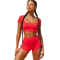 drawstring bodycon two piece set women square collar crop top and shorts set summer beach holiday club outfits ensemble femme