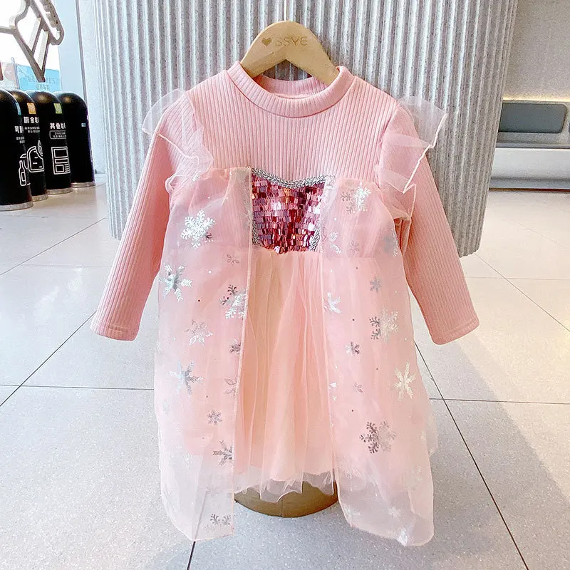 

2020 Winter New Long-Sleeved Girls Dress Sequined Star Knit Children's Princess Dress Children's Dress 3-7 Years Girls Clothes
