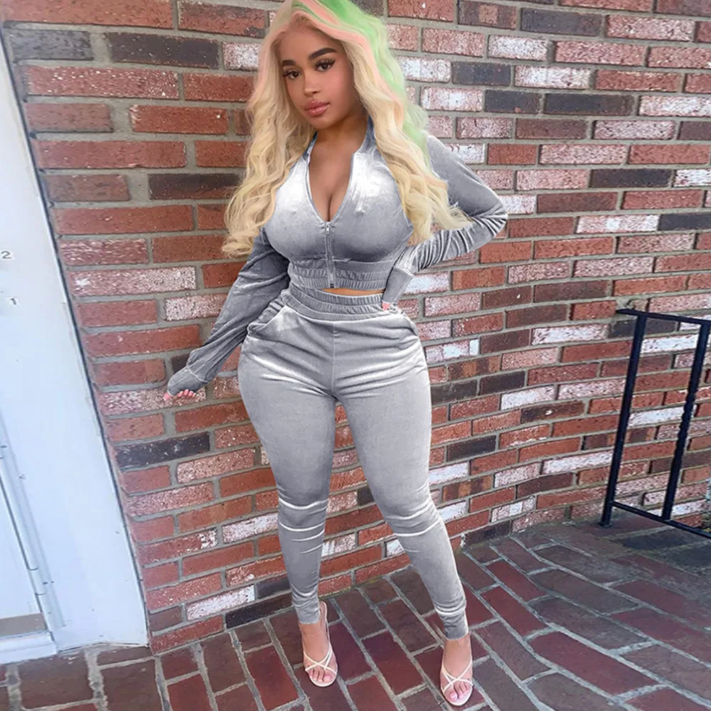 

Velvet Two Piece Set Women Tracksuit Zipper Long Sleeve Crop Top Jacket and Pencil Pants Leggings 2 Piece Outfits Sweat Suit