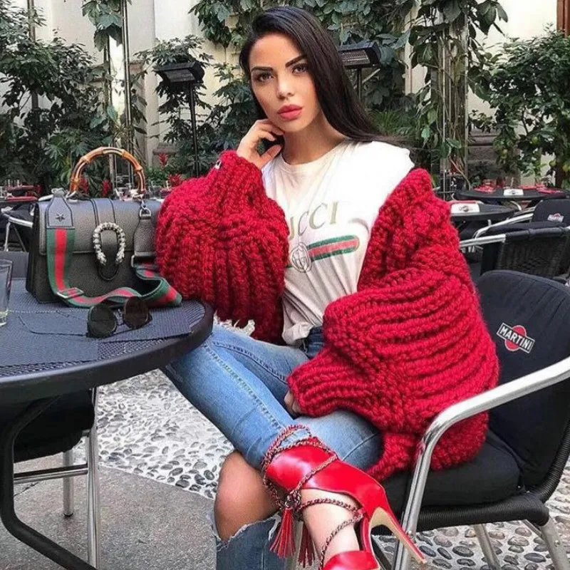 2022 осень-зима плотный вязаный кардиган свитера сексуальные с пышными рукавами