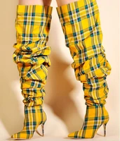 fashion plaid high heel boots pointed toe pleated winter long boots thin heels yellow red green loosed thigh high boots big size