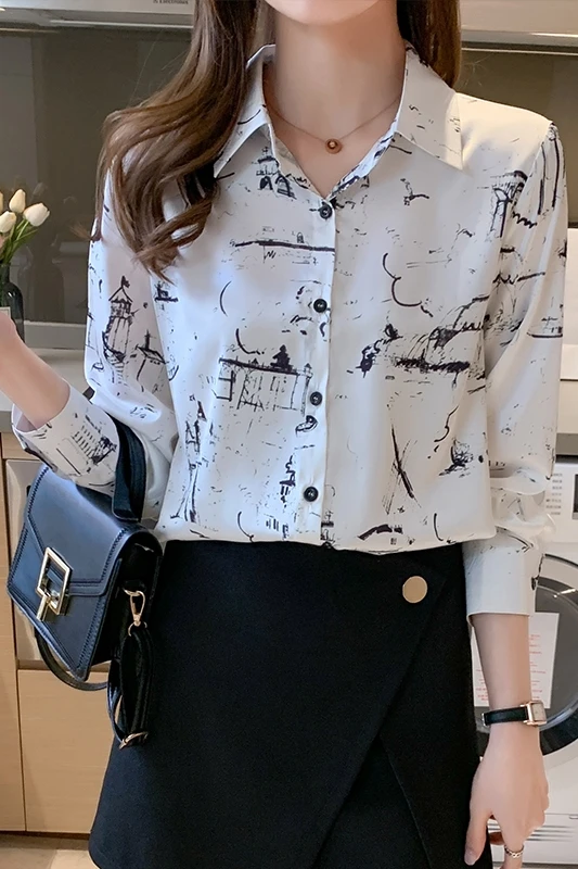 

Houthion Satin Slim Women's Blouses Long Sleeve Tops Fashion Printing Buttons Shirts New Casual Blouse Spring/autumn