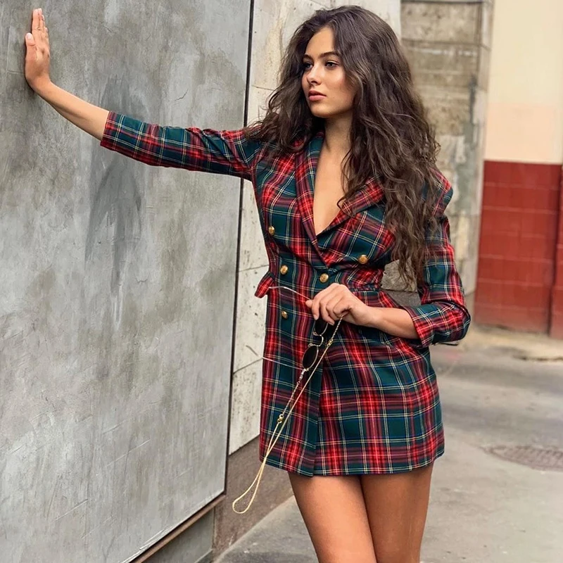 Женский двубортный Блейзер JuneLove осенний с длинным рукавом в клетку винтажном