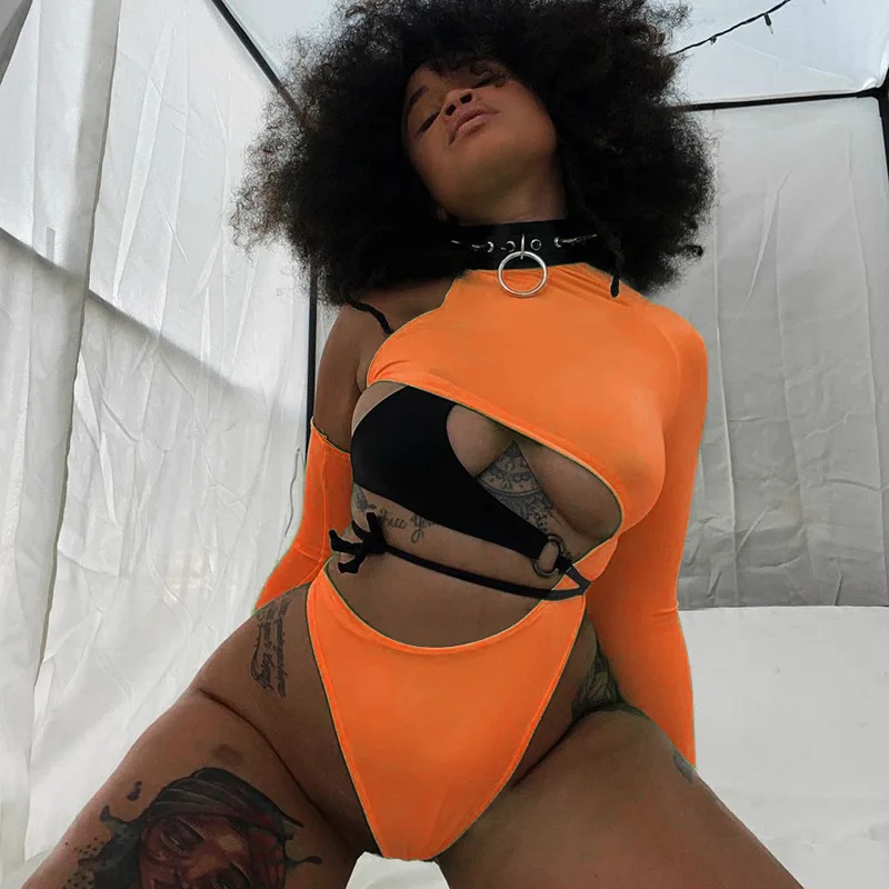

Sexy hollow slim bodysuit women 2021 spring and autumn new slim strappy Harajuku solid color long-sleeved T-shirt y2k tops