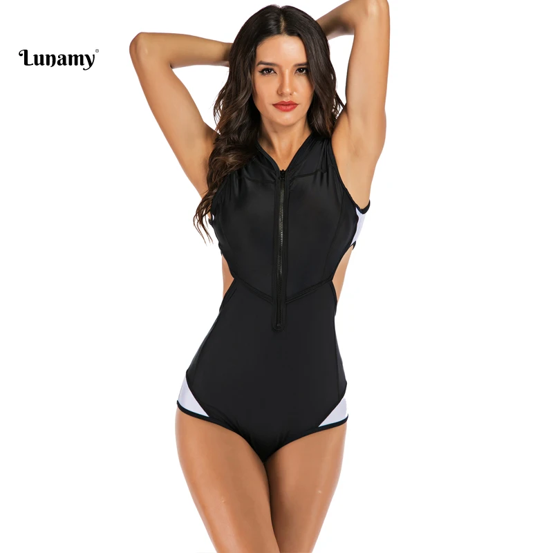 Lunamy черный белый лоскутный цельный купальник женский без рукавов боди пляжная