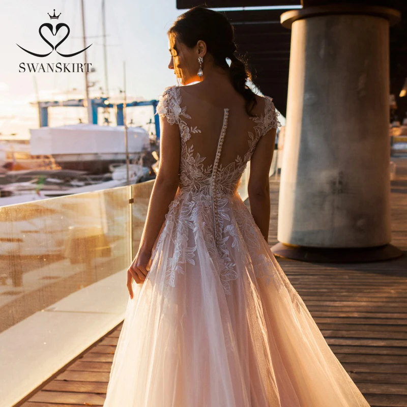 Модное свадебное платье с аппликацией милое А-силуэт Boho Vestido De Noiva цветы со шлейфом Свадебное платье Swanskirt k307