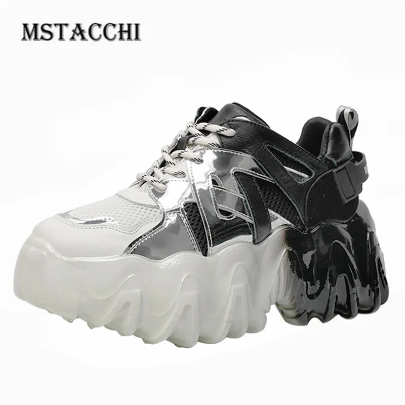 

New Casual Women's Sneakers 2021 Fashion Cross-tied Gradient Black Round Toe Flat Platform Mid Heel Ins All-match Leather Shoes