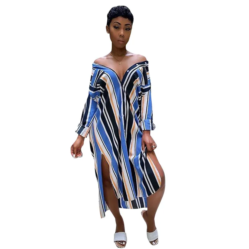 Размера плюс рубашка с длинными рукавами платье для женщин Полосатая Рубашка