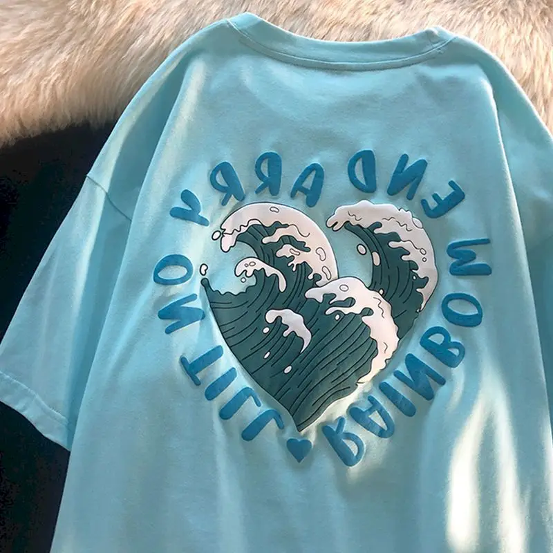 

T-shirt Short-sleeved Oversized Men and Women Wave Printing Harajuku Fashion Cotton Summer Casual All-match Korean O-neck Tshirt