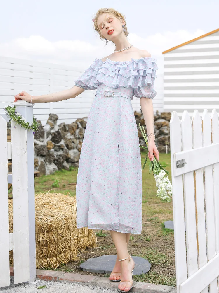 

Sweet and Spicy Style Chic Design Sense Niche Irregular Floral One-shoulder Dress New Summer Medium Length A-line Skirt