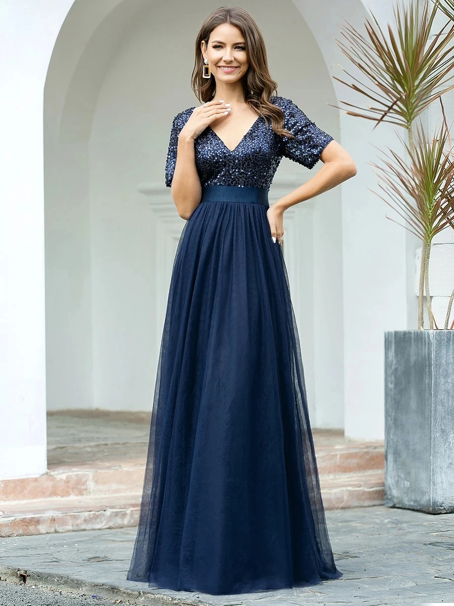 

Double V Neck Short Sleeves Wholesale Tulle & Sequin Evening Dresses