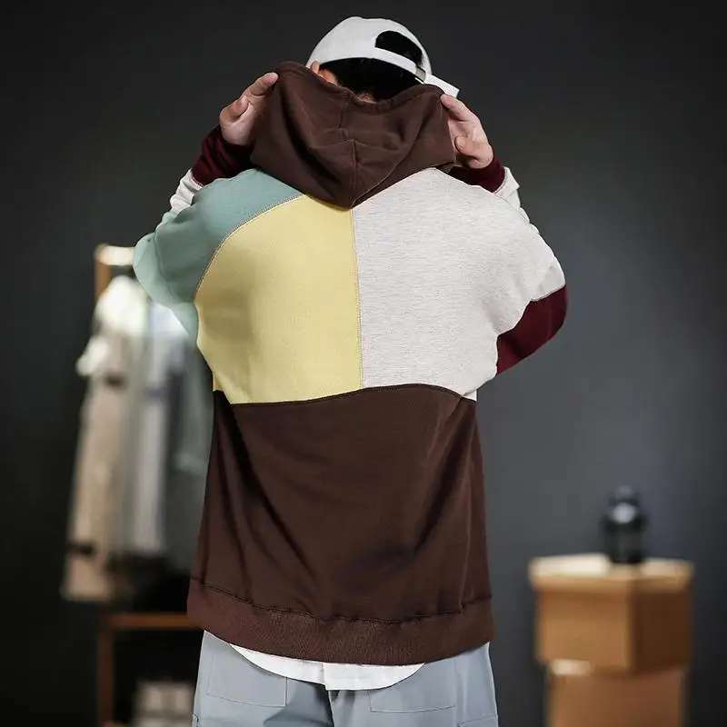 

April MOMO 2021 Men's Hoodies Sweatshirts Plus Size Patchwork Contrasted Color Casual Hooded Shirt Men Pullover Hip Hop Hoody