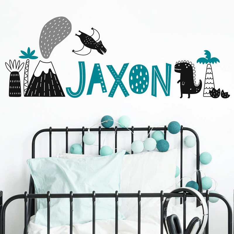 

Custom Name Dinosaur Tree Volcano Wall Sticker Kids Room Personalized Name World Dino Jungle Wall Decal Playroom
