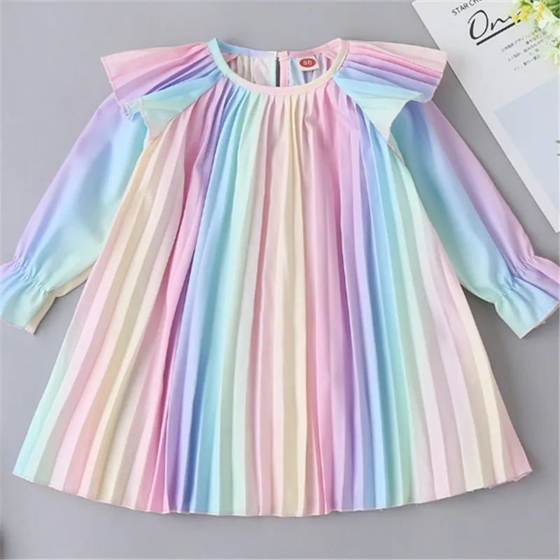 

2020 new colorful toddler baby Girl's Dress Rainbow Gradient Ruffled Fly Long Sleeve Infant's Pleated Autumn Garment casual suit