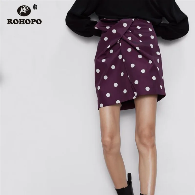 ROHOPO белый полк точка СПЕРЕДИ ДРАПИРОВАННЫЙ бант бордовый мини юбка осень Дамы