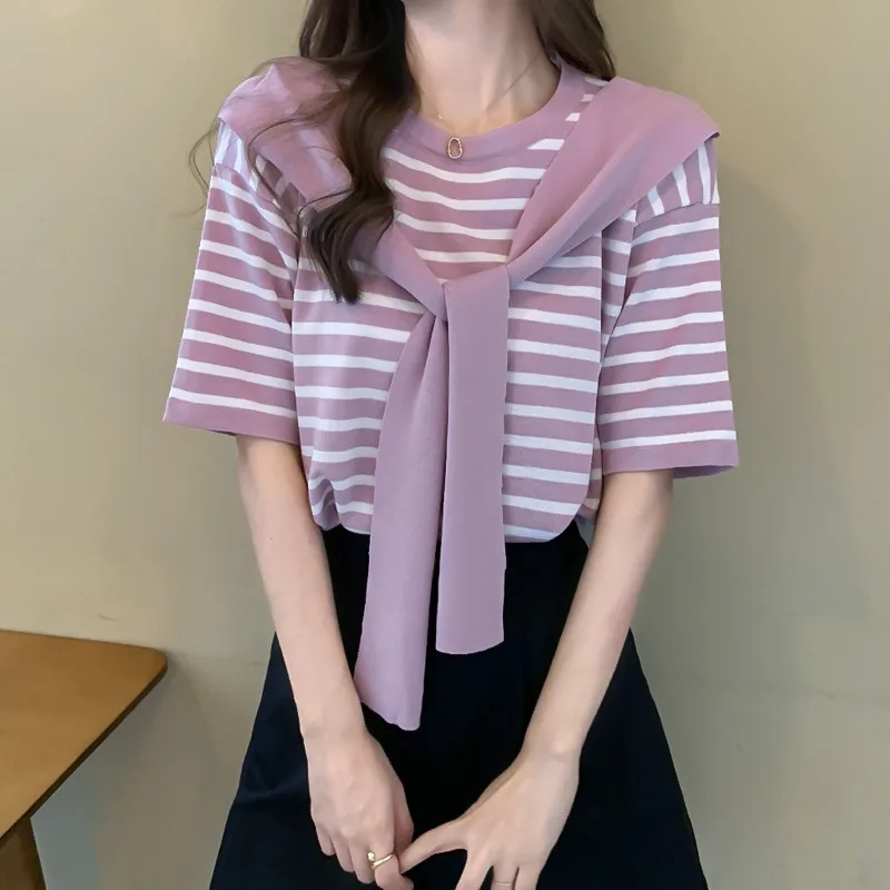 Новинка лета 2021 подходящий ко всему тонкий свитер в полоску с коротким рукавом и