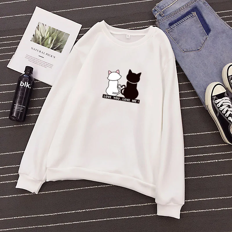 

New Printing Black White Cat Pullover hoodies Student's Korean Style Loose O-Neck Hooded Long Sleeve Large Size Women's Clothing