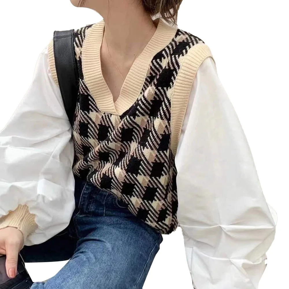 

Korean Version Sweater Loose Splicing V-neck Puff Sleeve Autumn Winter Plaid Splicing Shirt Sleeve Knitted Jumper