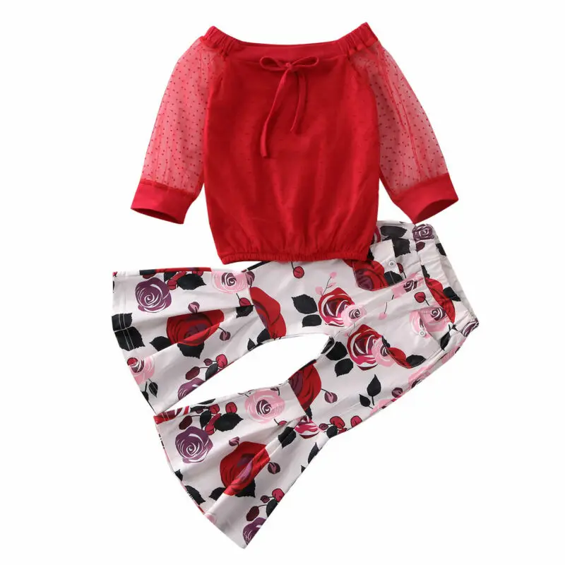 

Весна-осень, модные милые детские топы Pudcoco с открытыми плечами и кружевными рукавами для девочек, цветочные широкие брюки, одежда