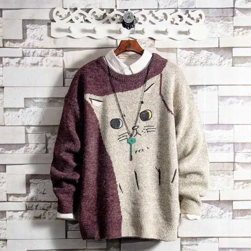 

2021 Embroidery Teenagers Casual Couple Cat Sweater Men's Spring And Autumn Lazy Warmth Base Thick Plus Velvet Sweatershirts