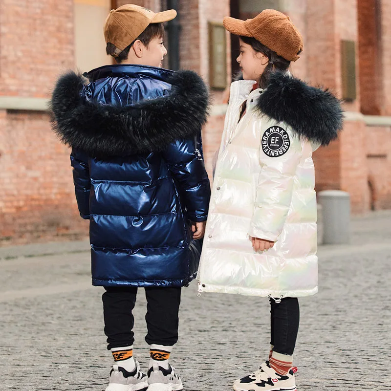 

White Duck Down Kid Girl Racoon Fur Collar Thick Warm Children Shiny Winter Jackets Kids Down Jackets For Boy Coat Teenage Parka