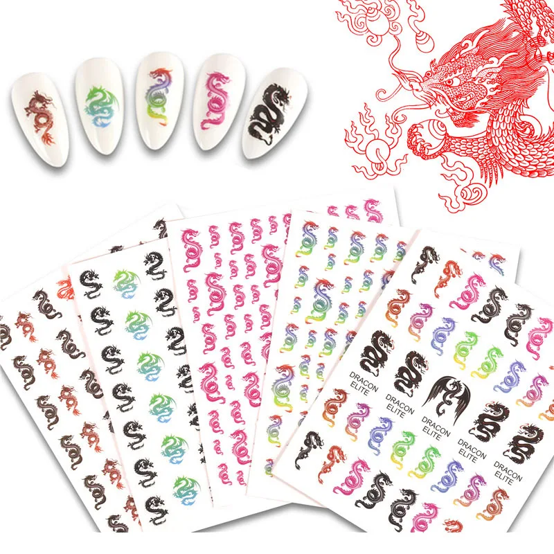 Новые яркие наклейки для дизайна ногтей красный черный дракон|Стикеры и