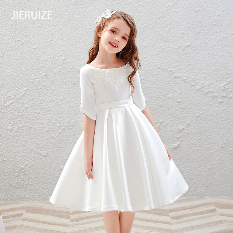 

JIERUIZE White Satin Half Sleeves Flower Girl Dresses Knee Length Bow Wedding Party Dresses Girl Pageant First Communion Dresses