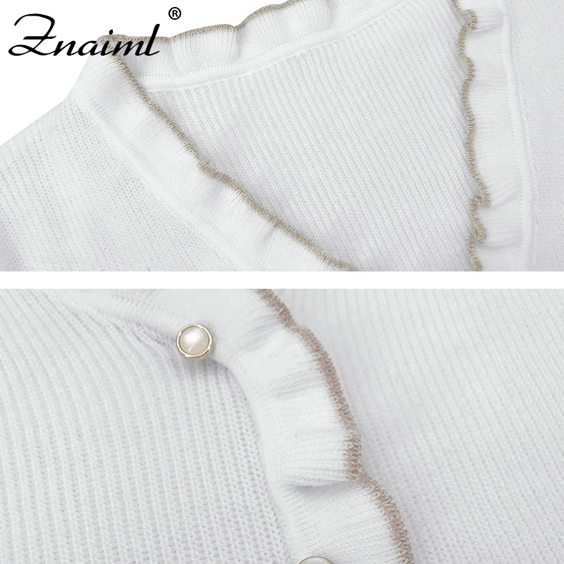

Znaiml Spring Autumn Women Sweaters Elegant Single-breasted Design Ruffles Decor V-Neck Long Sleeve Solid Casual Loose Cardgian