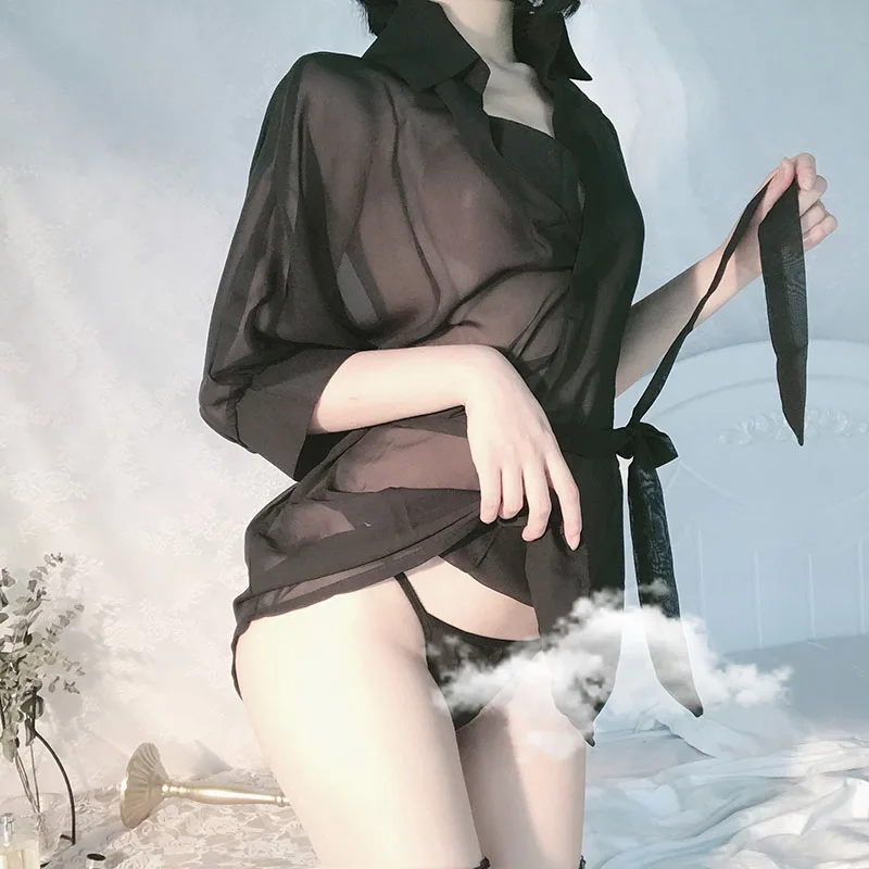 

Sexy Erotic See Through Chiffon Shirt Lingerie Cosplay Black White Pink Costume Kawaii Lesbian Temptation Outfit Set For Women