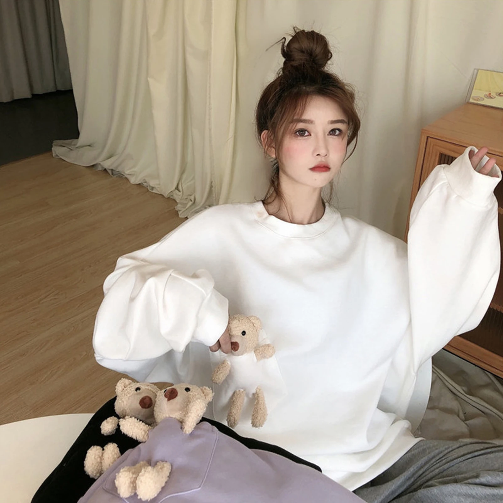 

Women Autumn Long Sleeve Pocket Cute Bear Blouse Top O Neck Oversized Sweatshirt