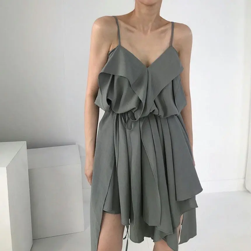 

Korejpaa Women Dress 2021 Summer Korean Lightly Cooked Style V-Neck Ruffled Stitching Design Lace-Up Irregular Sling Vestidos
