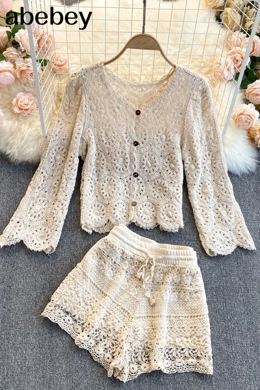 

Women Summer Bohemian Suits Sexy o Neck lace long Sleeve Ruched Short Tops+Wide Leg Short Pants Two Pieces Set