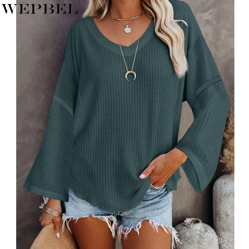 

WEPBEL Puff Sleeve Sweater Women's Casual Solid Color Knitted Loose Sweater Spring Autumn Fashion V-neck Stitching Sweater