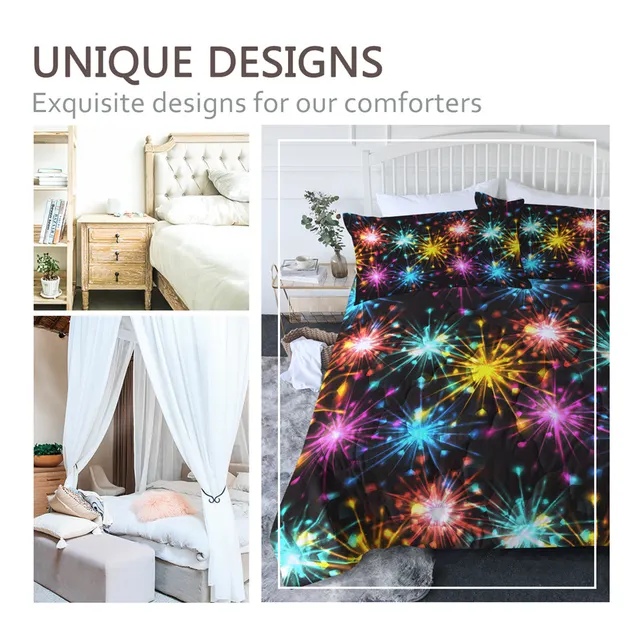 BlessLiving Fireworks Summer Quilt Girls Air-conditioning Duvet Neon Colorful Bed Cover Tiwn Queen Festive Home Textile 3pcs 2
