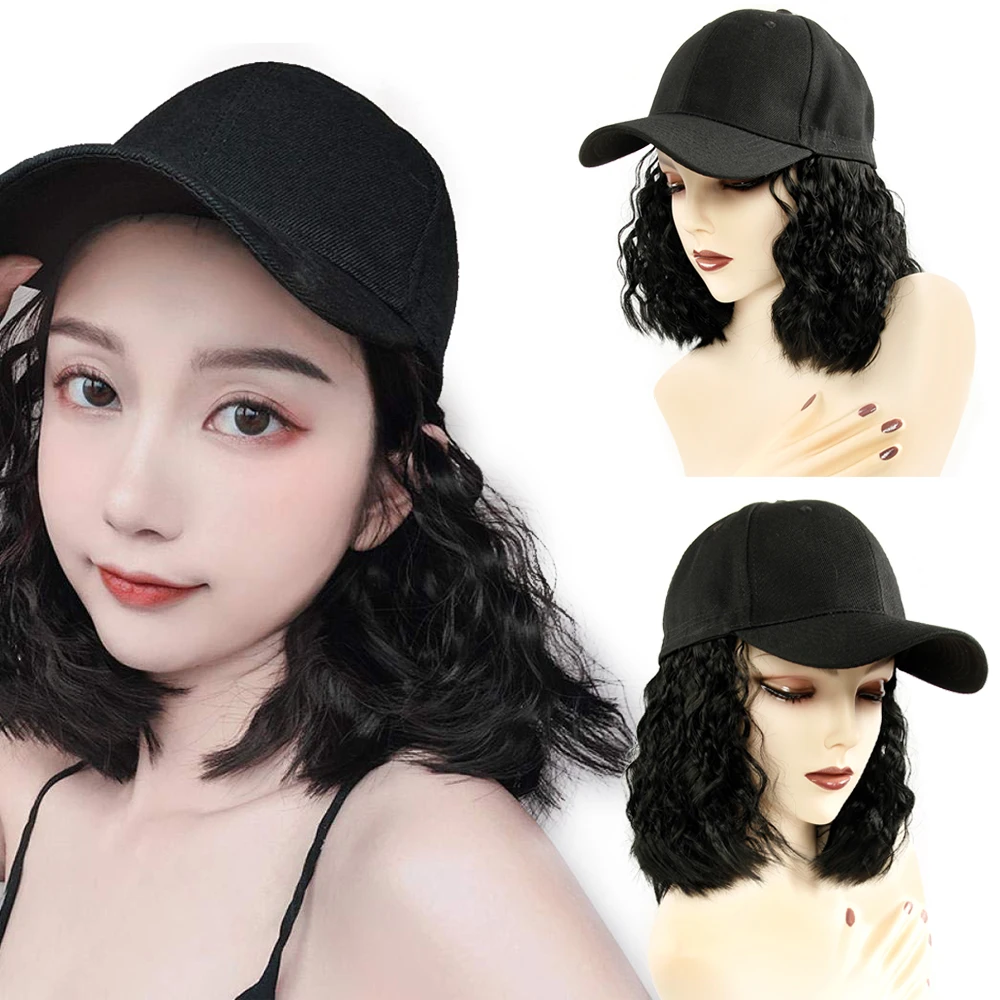 Baseball Cap Short Wigs for Women Heat Resistant Fiber Black Hair Wig Brown Synthetic Bob Sale | Шиньоны и парики