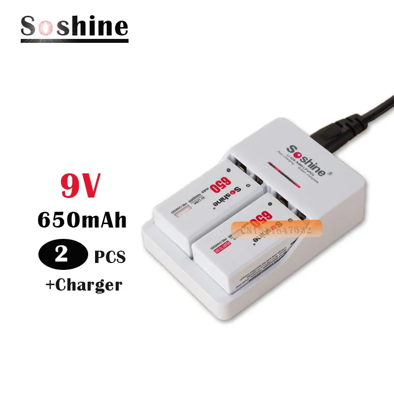 Литий ионный перезаряжаемый аккумулятор Soshine 9 В 6F22 650 мАч + умное зарядное