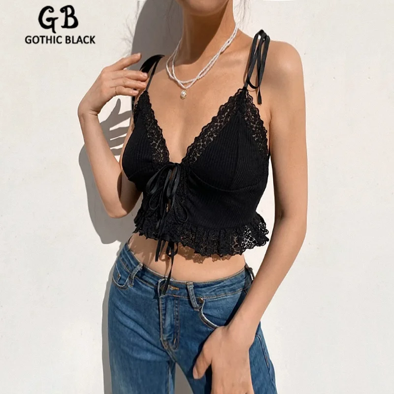 

Gothblack Vintage Sexy Low Cut Splcie Lace Slim Camisole Women Solid Bow Bandage Ribbed Knitted Tank Top Female Casual Home Vest