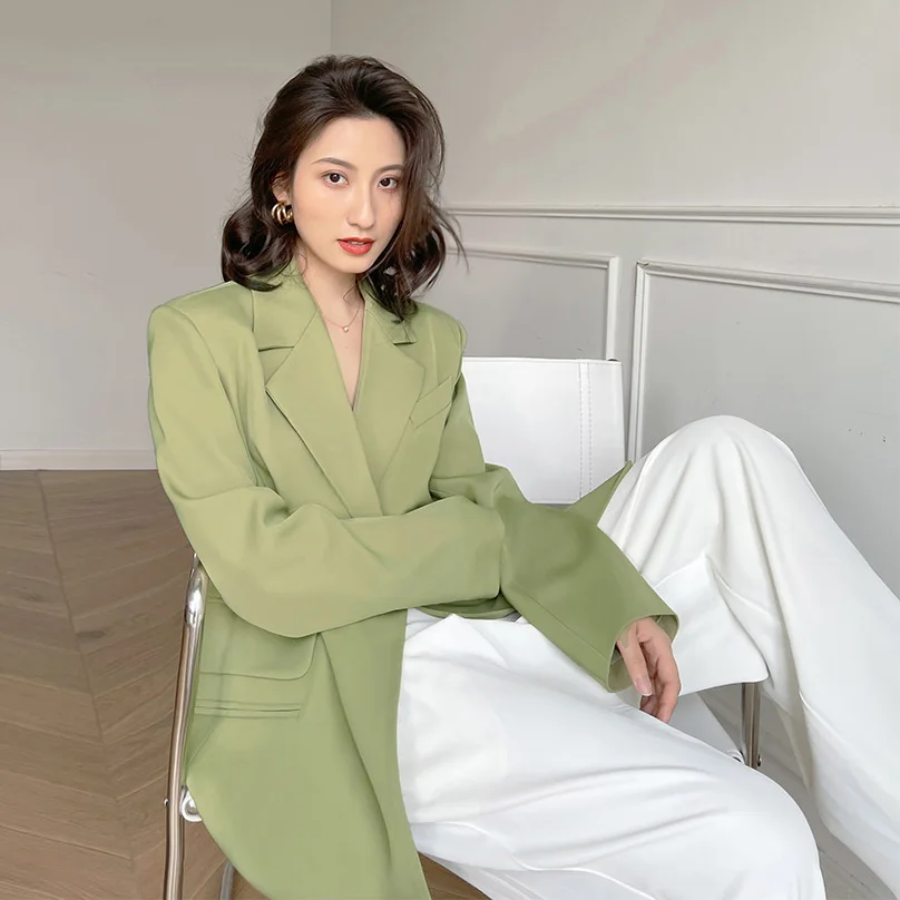 Женский костюм Топ Блейзер Модный Зеленый Новый Свободный Повседневный Весна