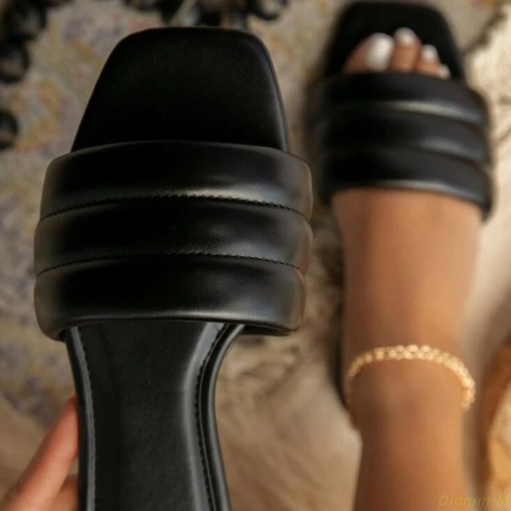 

Женские кожаные шлепанцы one-word, повседневные сандалии с квадратным носком, плоская подошва, пляжные шлепанцы, для улицы, лето 2021