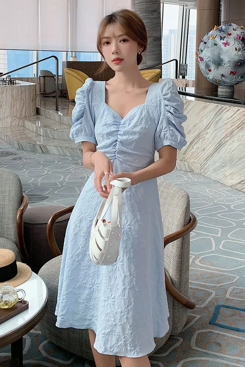 

COIGARSAM French Style Women dress New Summer Vintage Puff Sleeve Dresses White Blue 3093