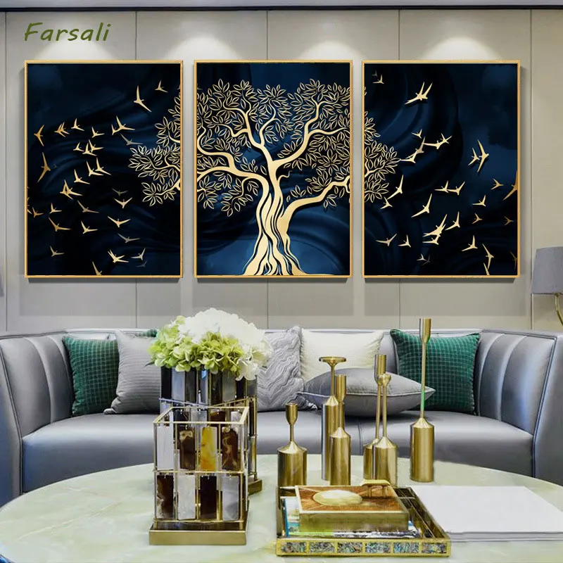 Abstract Moon Wall Art Canvas Painting Golden Mountain Birds Nordic Posters and Prints Pictures for Living Room Home Décor | Дом и сад