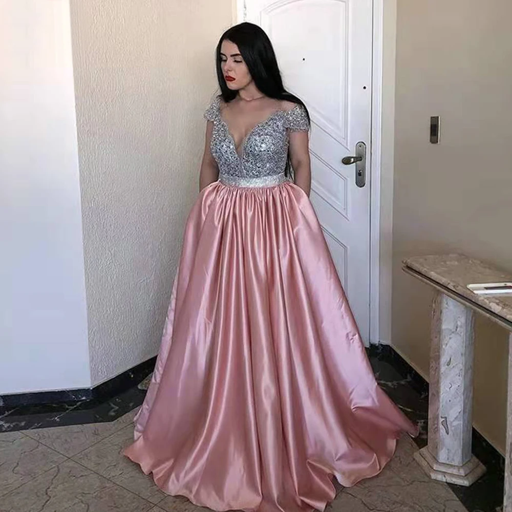 

Charming Sliver Sequins Top Prom Dresses O Neck Off Shoulder Wedding Evening Gown A-line Pink Satin vestidos de fiesta